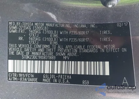 2017 Toyota Sienna Le 8 Passenger z USA, uszkodzony, nr VIN 5TDKZ3DC1HS831889